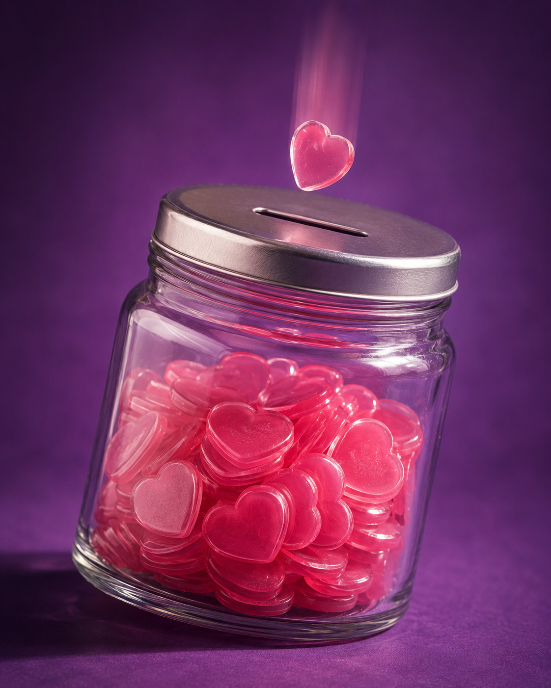 A translucent purple glass tip jar filling with pink heart-coins as a fresh heart drops in.
